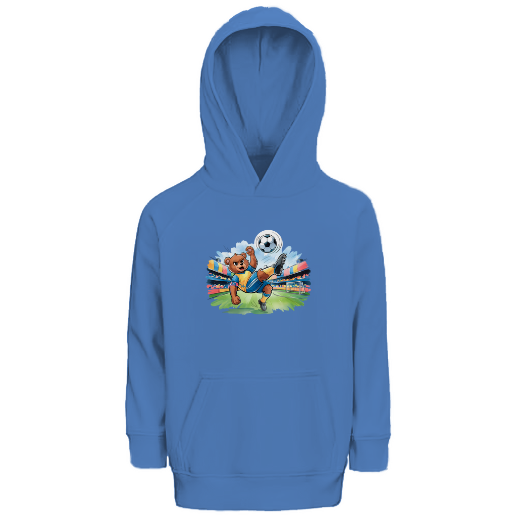 Kinder Hoodie "Soccer Bear" für Jungen in Blau mit Fußball Motiv. Nachhaltiger Kapuzenpullover aus Bio-Baumwolle
