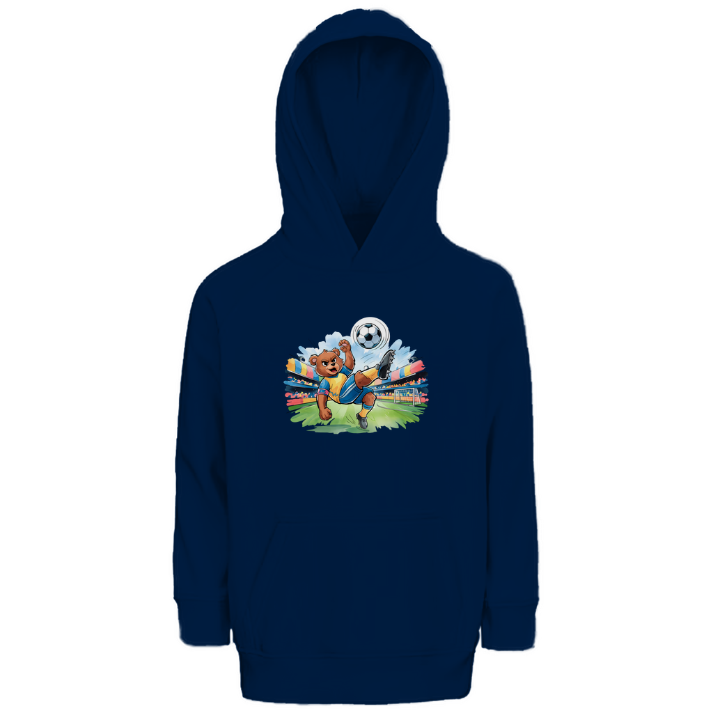 Kinder Hoodie "Soccer Bear" für Jungen in Navy Blau mit Fußball Motiv. Nachhaltiger Kapuzenpullover aus Bio-Baumwolle