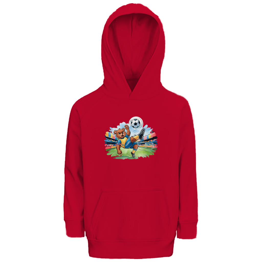 Kinder Hoodie "Soccer Bear" für Jungen in Rot mit Fußball Motiv. Nachhaltiger Kapuzenpullover aus Bio-Baumwolle