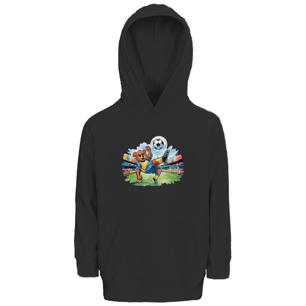 Kinder Hoodie "Soccer Bear" für Jungen in Schwarz mit Fußball Motiv. Nachhaltiger Kapuzenpullover aus Bio-Baumwolle