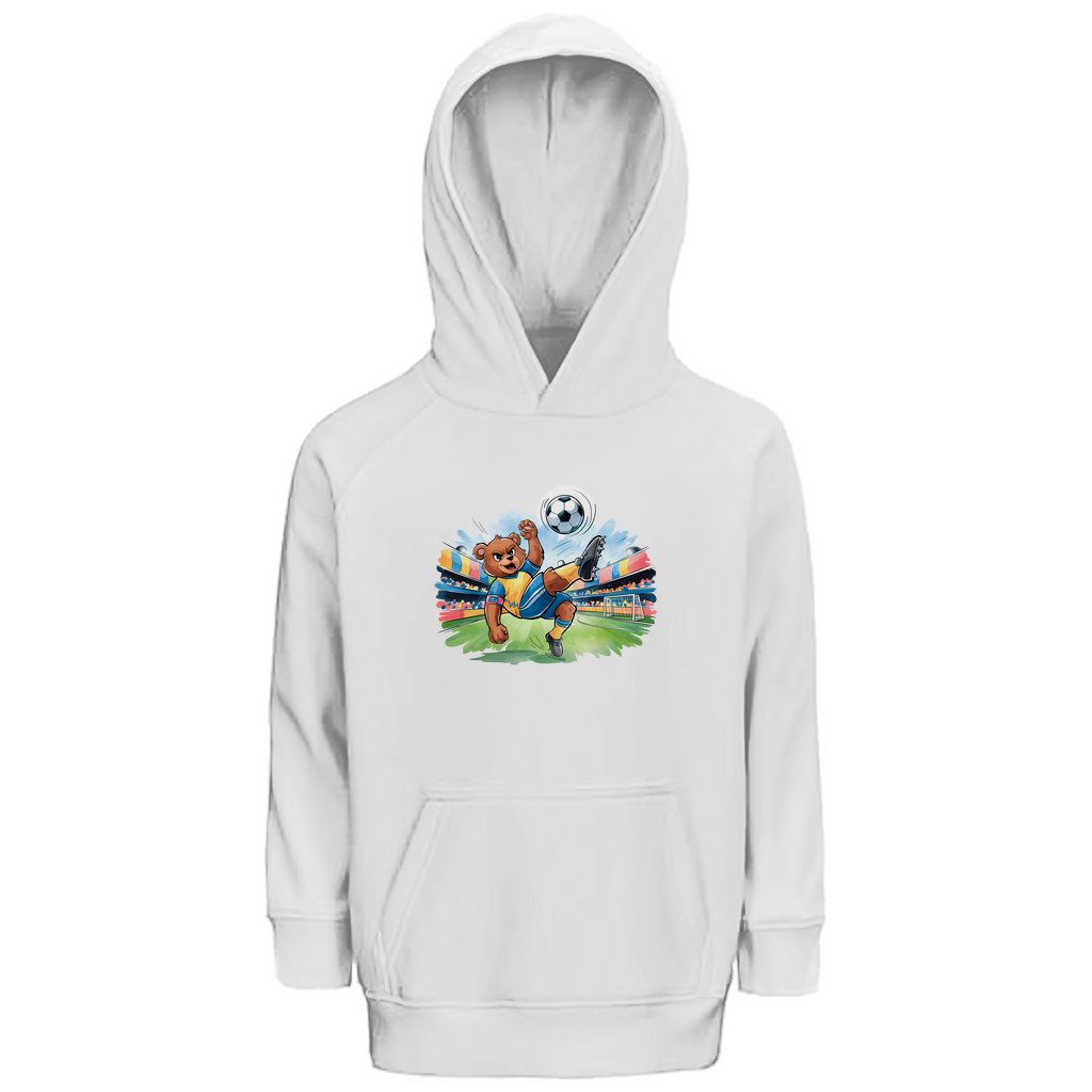 Kinder Hoodie "Soccer Bear" für Jungen in Weiß mit Fußball Motiv. Nachhaltiger Kapuzenpullover aus Bio-Baumwolle