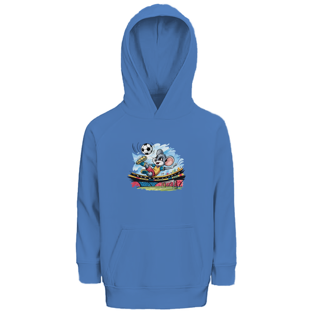 Kinder Hoodie "Soccer Mouse" für Jungen mit Fußball Motiv in Blau: Sportliche Maus beim Fallrückzieher im Fußballstadion