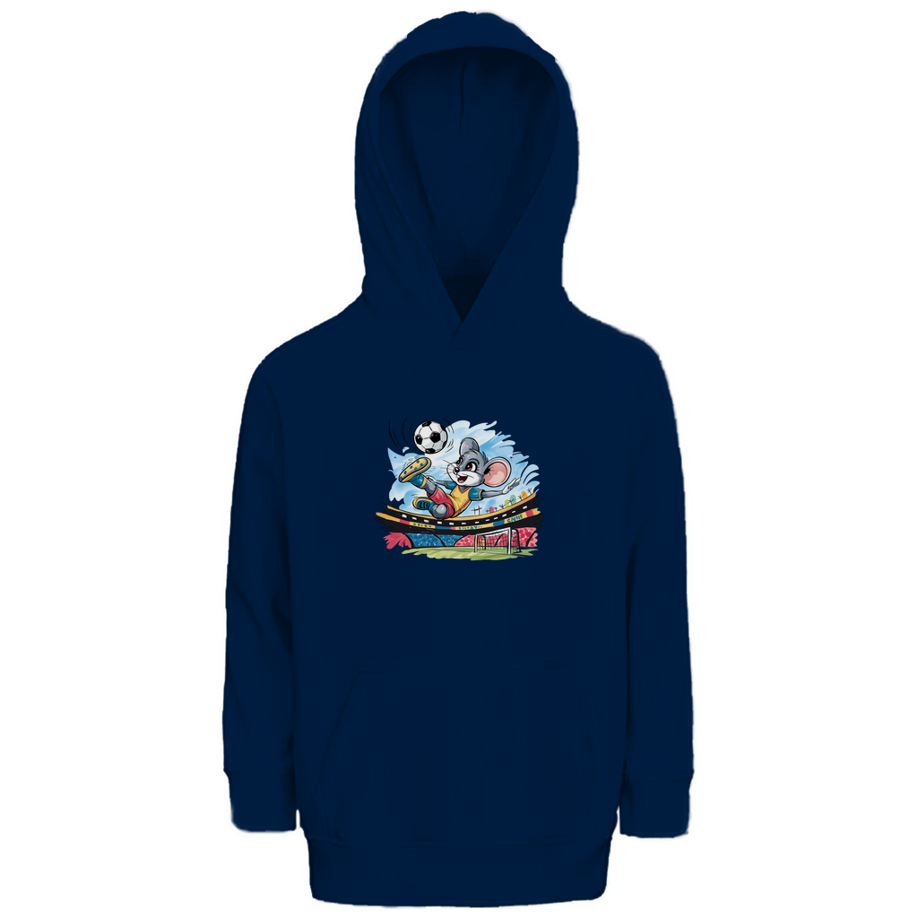 Kinder Hoodie "Soccer Mouse" für Jungen mit Fußball Motiv in Navy Blau: Sportliche Maus beim Fallrückzieher im Fußballstadion