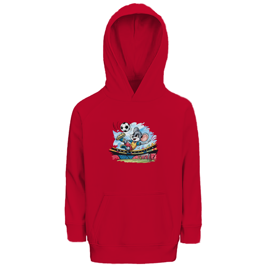 Kinder Hoodie "Soccer Mouse" für Jungen mit Fußball Motiv in Rot: Sportliche Maus beim Fallrückzieher im Fußballstadion