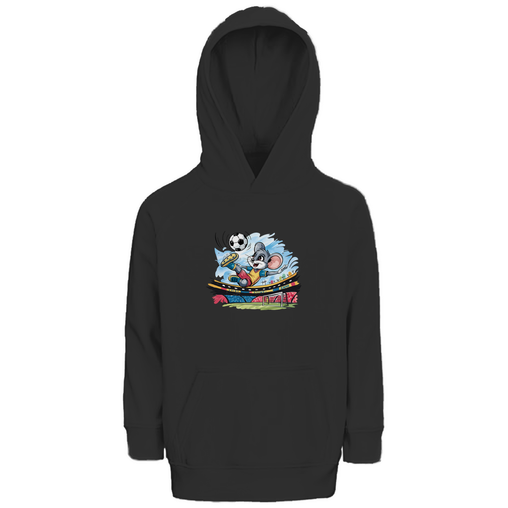 Kinder Hoodie "Soccer Mouse" für Jungen mit Fußball Motiv in Schwarz: Sportliche Maus beim Fallrückzieher im Fußballstadion