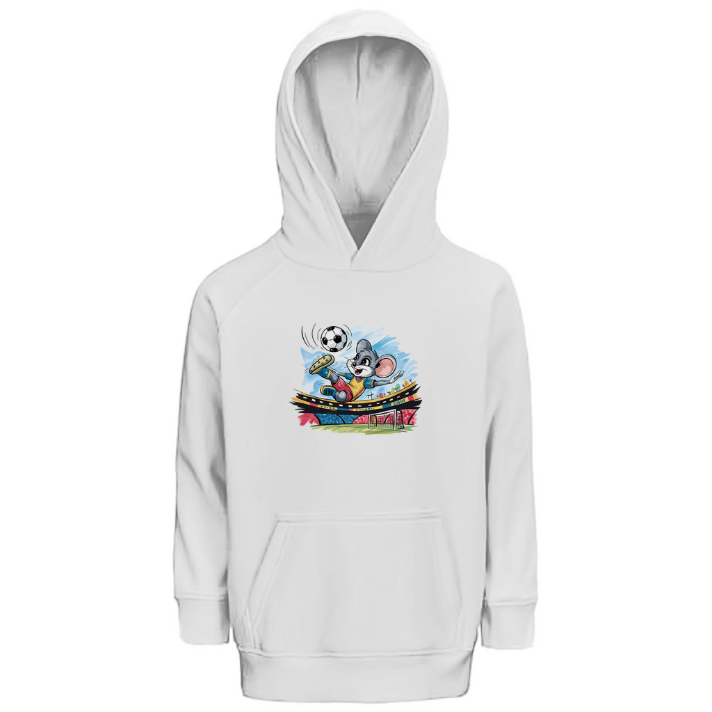 Kinder Hoodie "Soccer Mouse" für Jungen mit Fußball Motiv in Weiß: Sportliche Maus beim Fallrückzieher im Fußballstadion