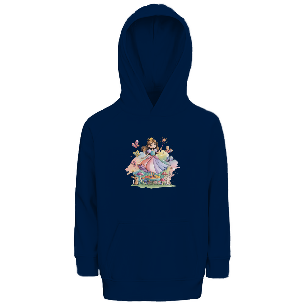 Kinder Hoodie "Fairy Princess" für Mädchen mit Prinzessinnen Motiv in Navy Blau: Prinzessin im Märchenwald mit Häschen und Schmetterlingen