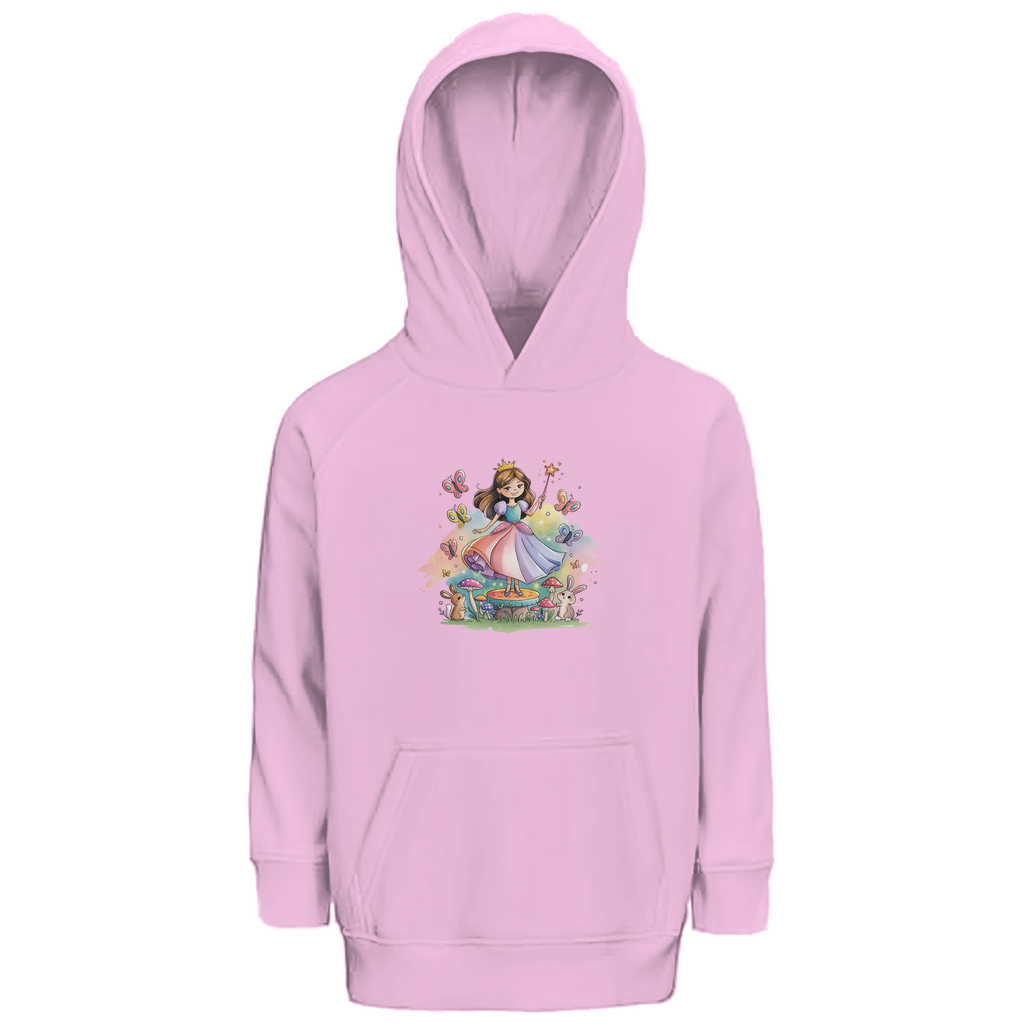 Kinder Hoodie "Fairy Princess" für Mädchen mit Prinzessinnen Motiv in Rosa: Prinzessin im Märchenwald mit Häschen und Schmetterlingen