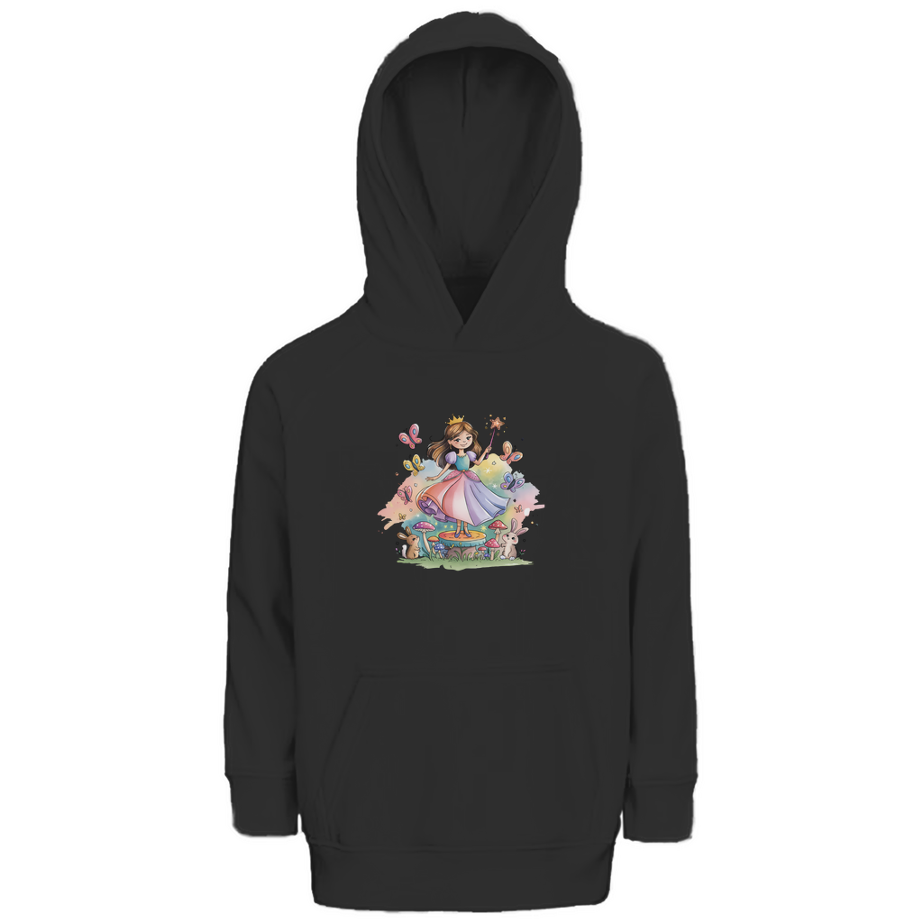 Kinder Hoodie "Fairy Princess" für Mädchen mit Prinzessinnen Motiv in Schwarz: Prinzessin im Märchenwald mit Häschen und Schmetterlingen