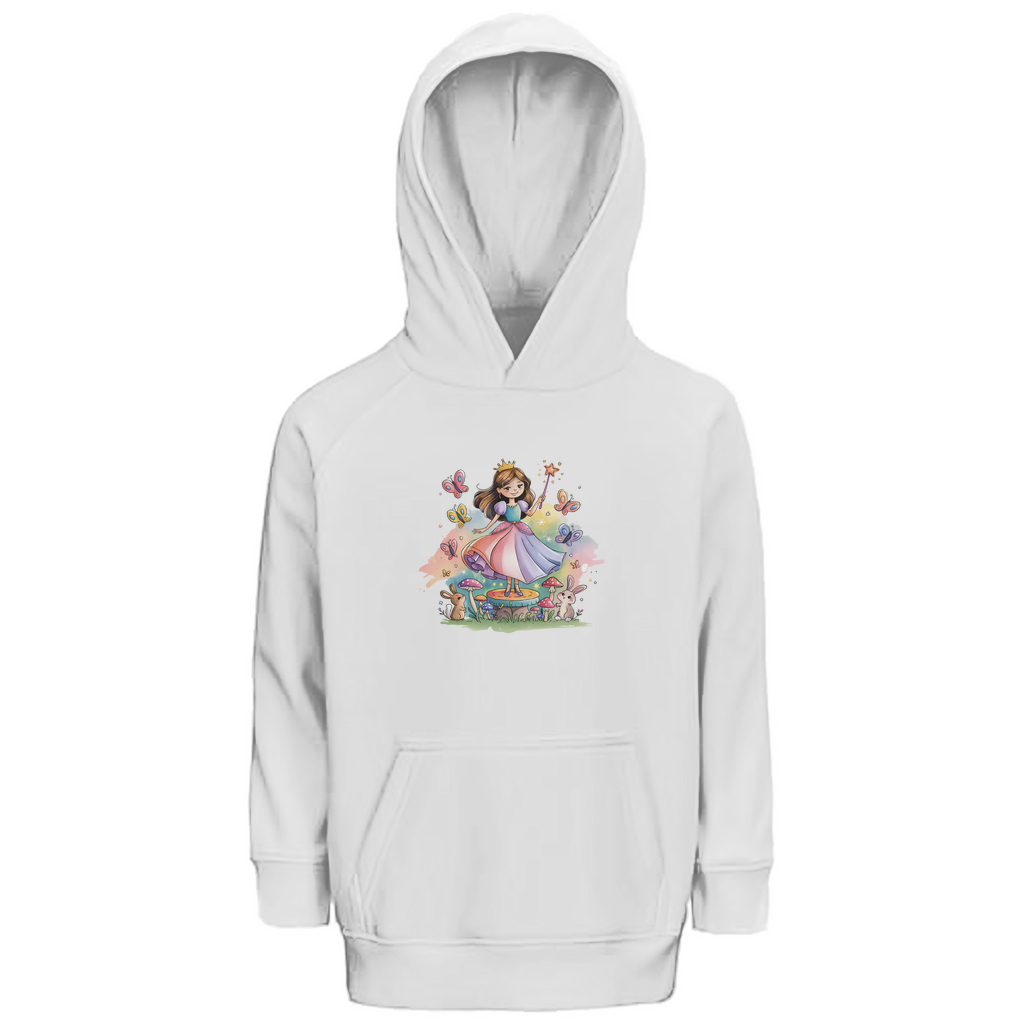 Kinder Hoodie "Fairy Princess" für Mädchen mit Prinzessinnen Motiv in Weiß: Prinzessin im Märchenwald mit Häschen und Schmetterlingen