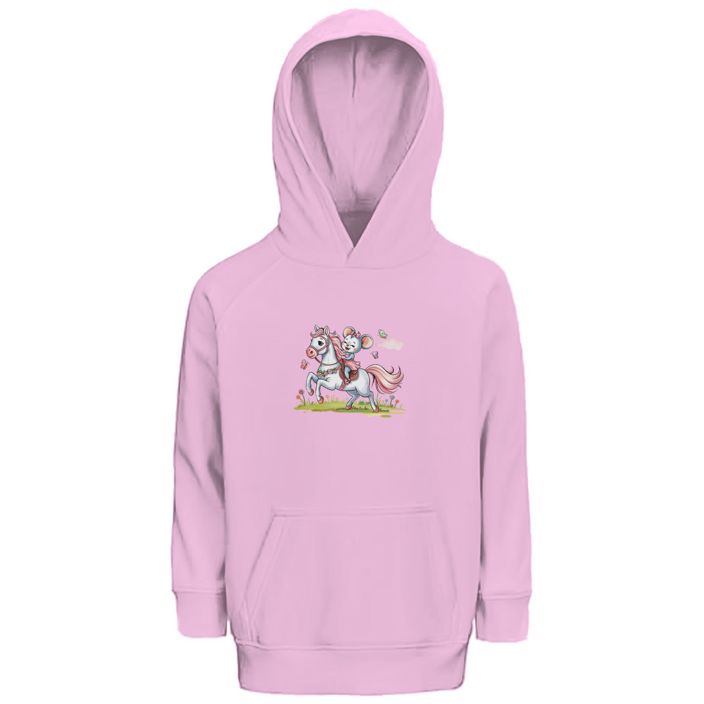 Kinder Hoodie "Little Rider" für Mädchen mit Pferde Motiv in Rosa: Kleine Maus reitet auf weißem Pony durch Frühlingswiese mit Schmetterlingen.