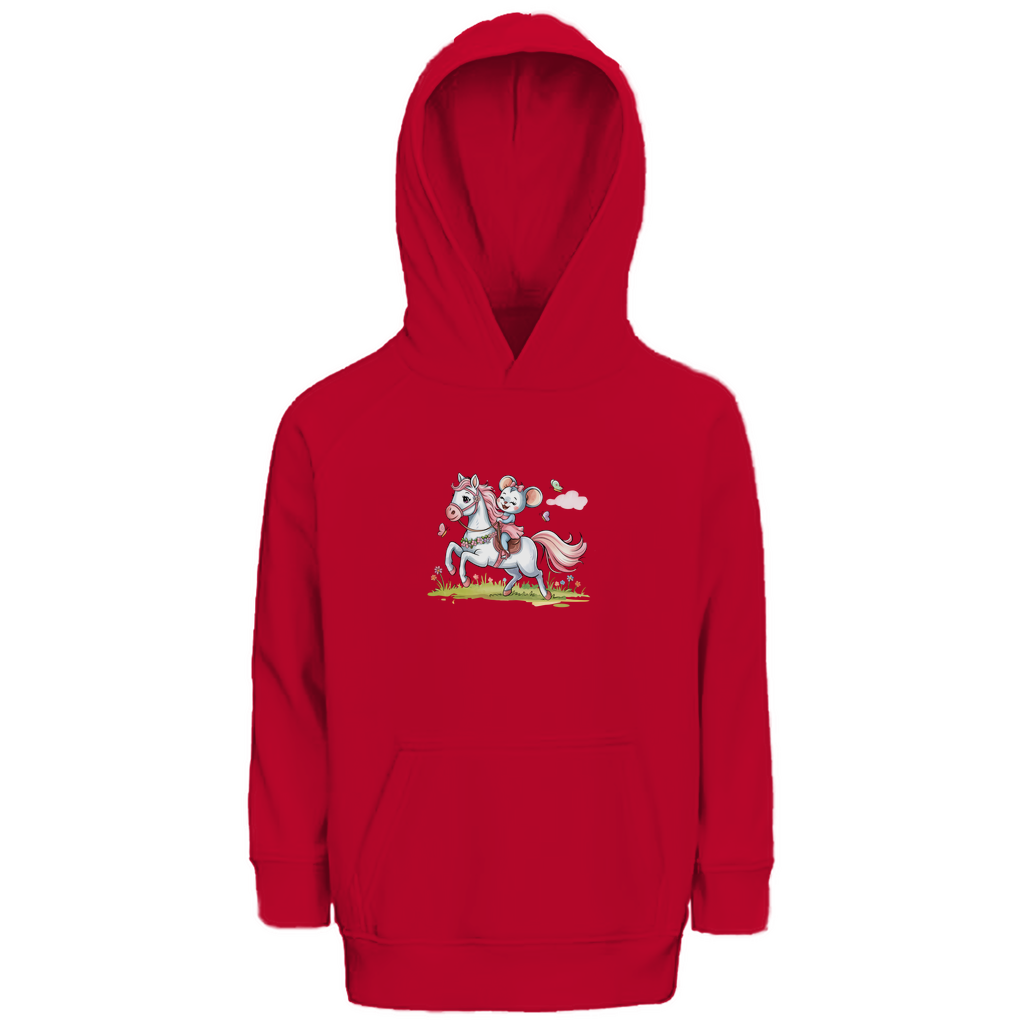 Kinder Hoodie "Little Rider" für Mädchen mit Pferde Motiv in Rot: Kleine Maus reitet auf weißem Pony durch Frühlingswiese mit Schmetterlingen.