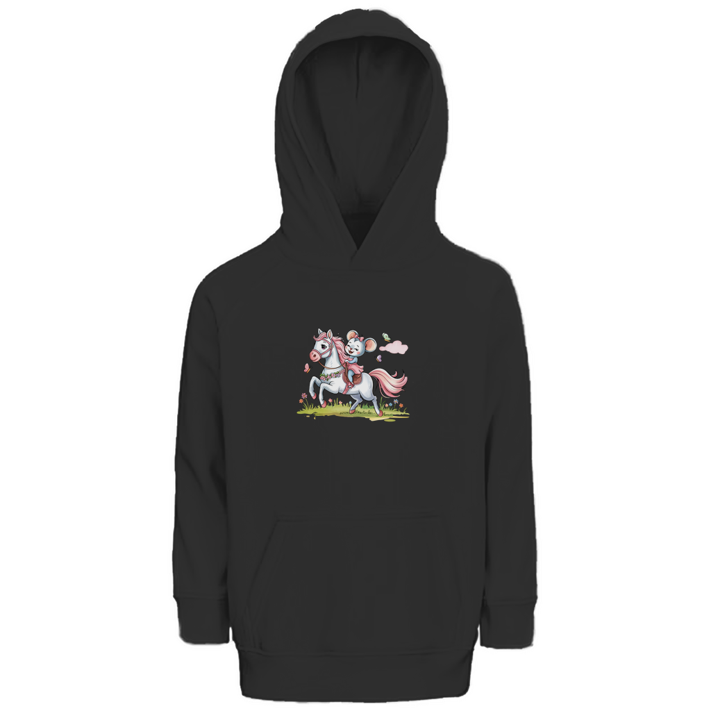 Kinder Hoodie "Little Rider" für Mädchen mit Pferde Motiv in Schwarz: Kleine Maus reitet auf weißem Pony durch Frühlingswiese mit Schmetterlingen.