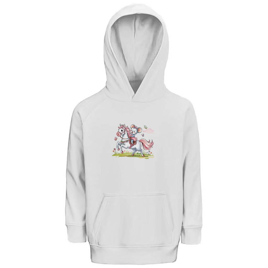 Kinder Hoodie "Little Rider" für Mädchen mit Pferde Motiv in Weiß: Kleine Maus reitet auf weißem Pony durch Frühlingswiese mit Schmetterlingen.
