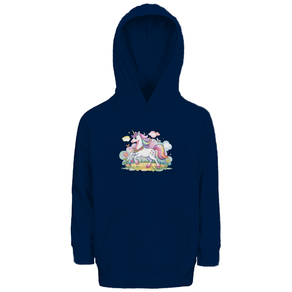 Kinder Hoodie "Magic Unicorn" für Mädchen mit Einhorn Motiv in Navy Blau: Zauberhaftes Einhorn mit Regenbogenmähne auf Blumenwiese mit Schmetterlingen