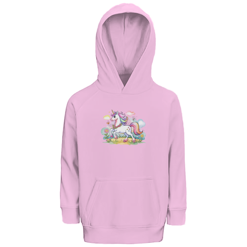 Kinder Hoodie "Magic Unicorn" für Mädchen mit Einhorn Motiv in Rosa: Zauberhaftes Einhorn mit Regenbogenmähne auf Blumenwiese mit Schmetterlingen