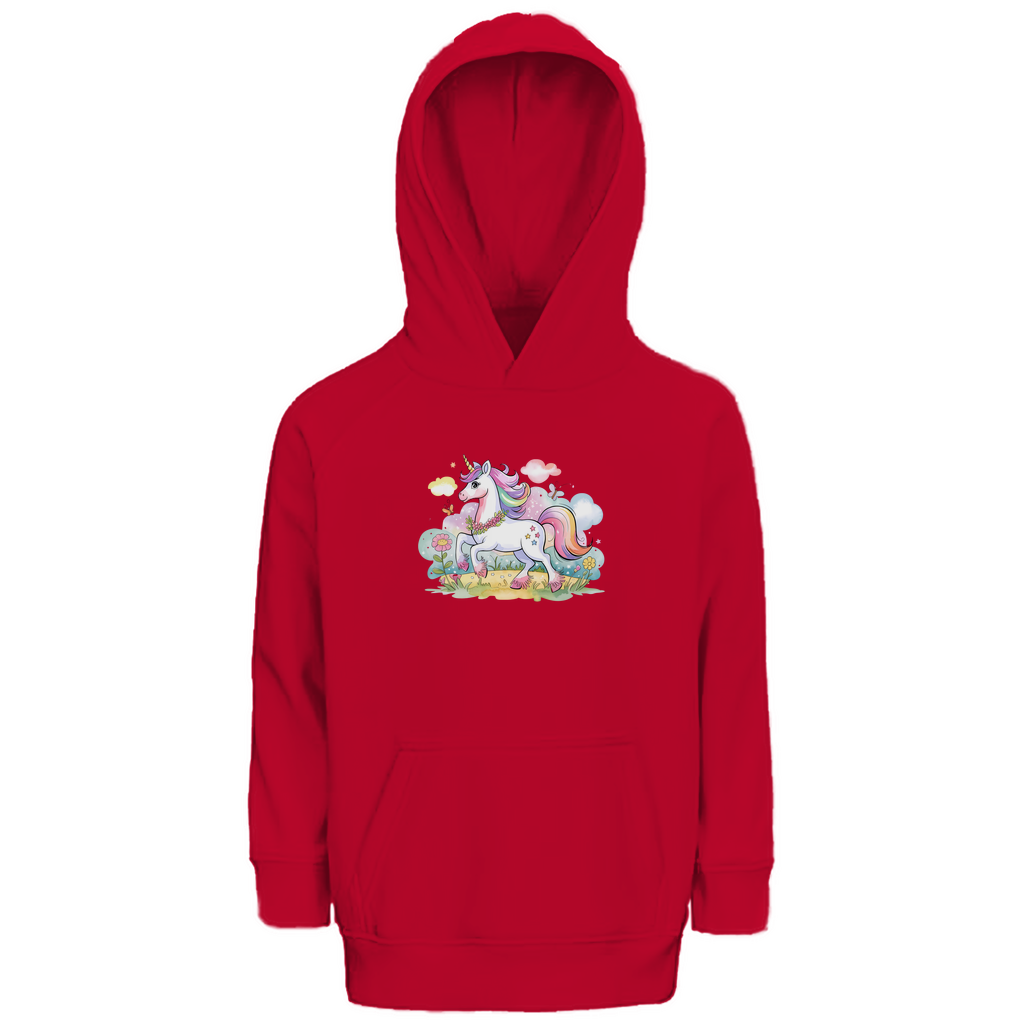 Kinder Hoodie "Magic Unicorn" für Mädchen mit Einhorn Motiv in Rot: Zauberhaftes Einhorn mit Regenbogenmähne auf Blumenwiese mit Schmetterlingen