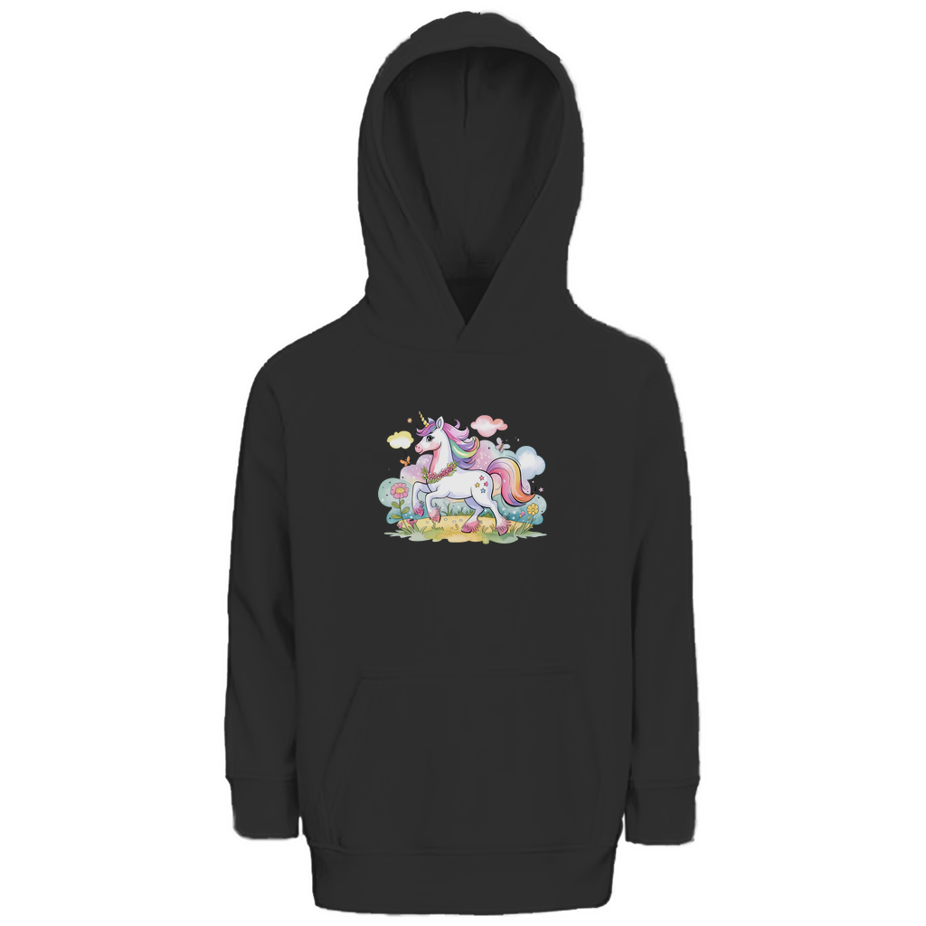 Kinder Hoodie "Magic Unicorn" für Mädchen mit Einhorn Motiv in Schwarz: Zauberhaftes Einhorn mit Regenbogenmähne auf Blumenwiese mit Schmetterlingen