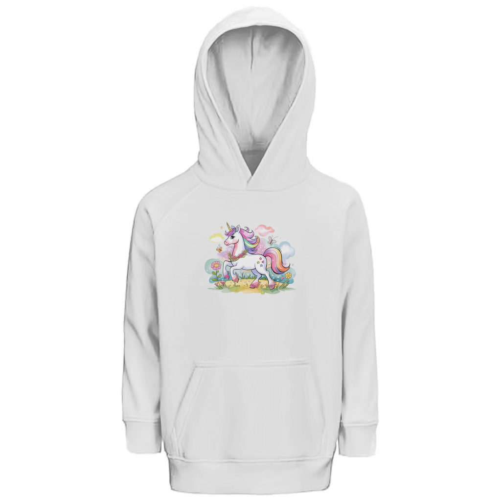 Kinder Hoodie "Magic Unicorn" für Mädchen mit Einhorn Motiv in Weiß: Zauberhaftes Einhorn mit Regenbogenmähne auf Blumenwiese mit Schmetterlingen