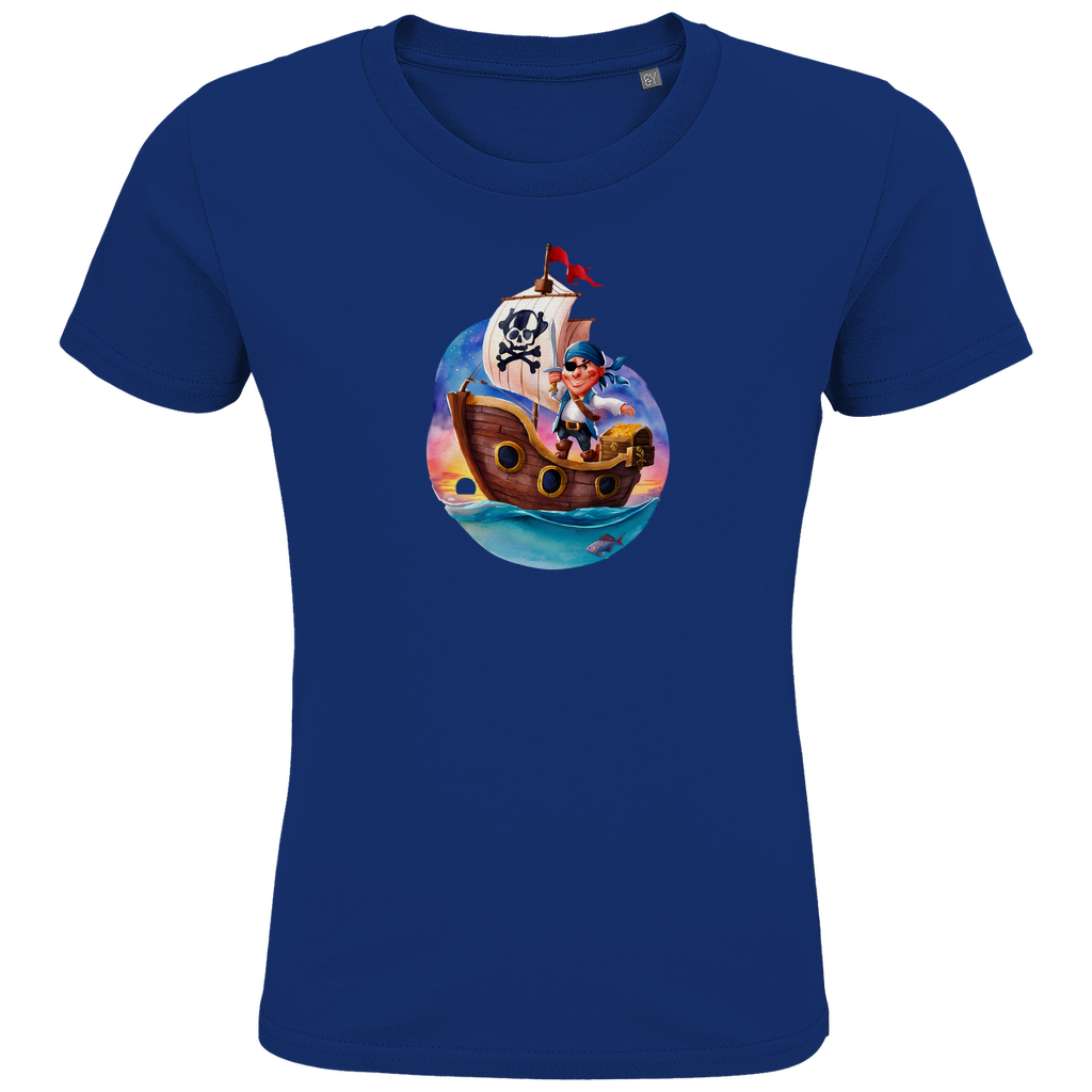 Kinder T-Shirt "Little Pirate" für Jungen mit Piraten Motiv in Blau: Kleiner Pirat auf Segelschiff mit Schatztruhe im Sonnenuntergang