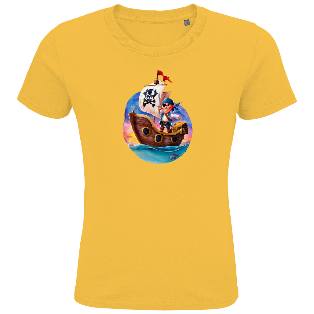 Kinder T-Shirt "Little Pirate" für Jungen mit Piraten Motiv in Gelb: Kleiner Pirat auf Segelschiff mit Schatztruhe im Sonnenuntergang