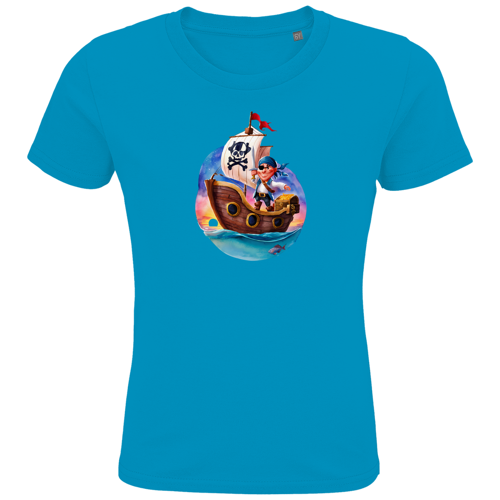 Kinder T-Shirt "Little Pirate" für Jungen mit Piraten Motiv in Hellblau: Kleiner Pirat auf Segelschiff mit Schatztruhe im Sonnenuntergang