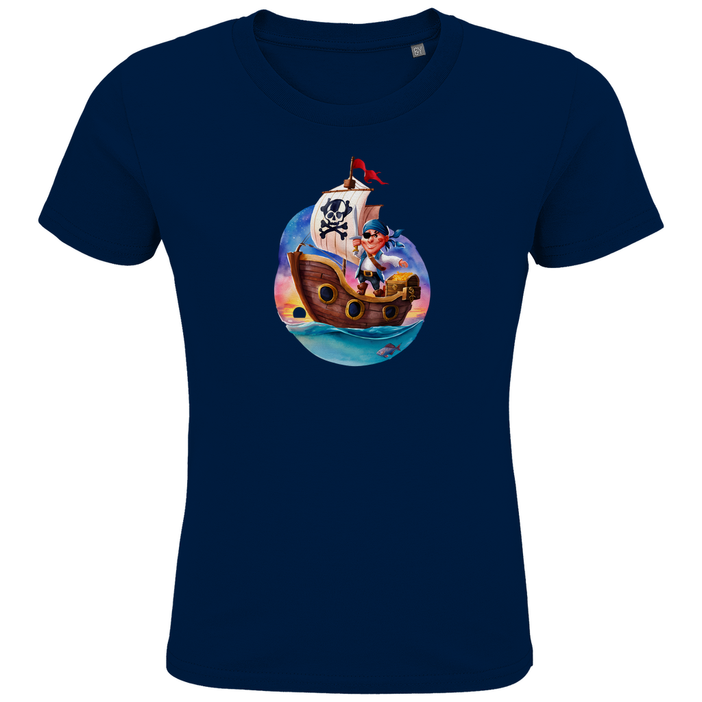 Kinder T-Shirt "Little Pirate" für Jungen mit Piraten Motiv in Navy Blau: Kleiner Pirat auf Segelschiff mit Schatztruhe im Sonnenuntergang