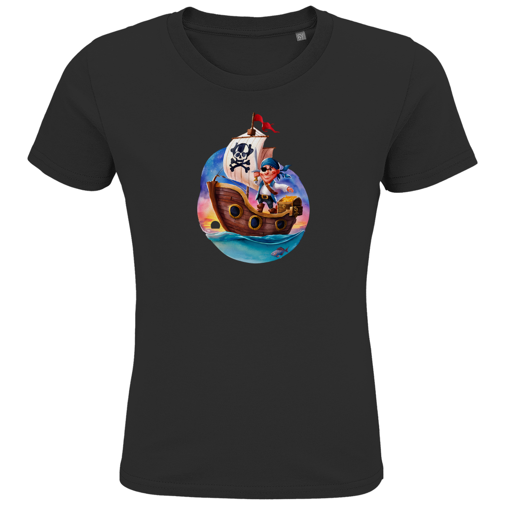Kinder T-Shirt "Little Pirate" für Jungen mit Piraten Motiv in Schwarz: Kleiner Pirat auf Segelschiff mit Schatztruhe im Sonnenuntergang