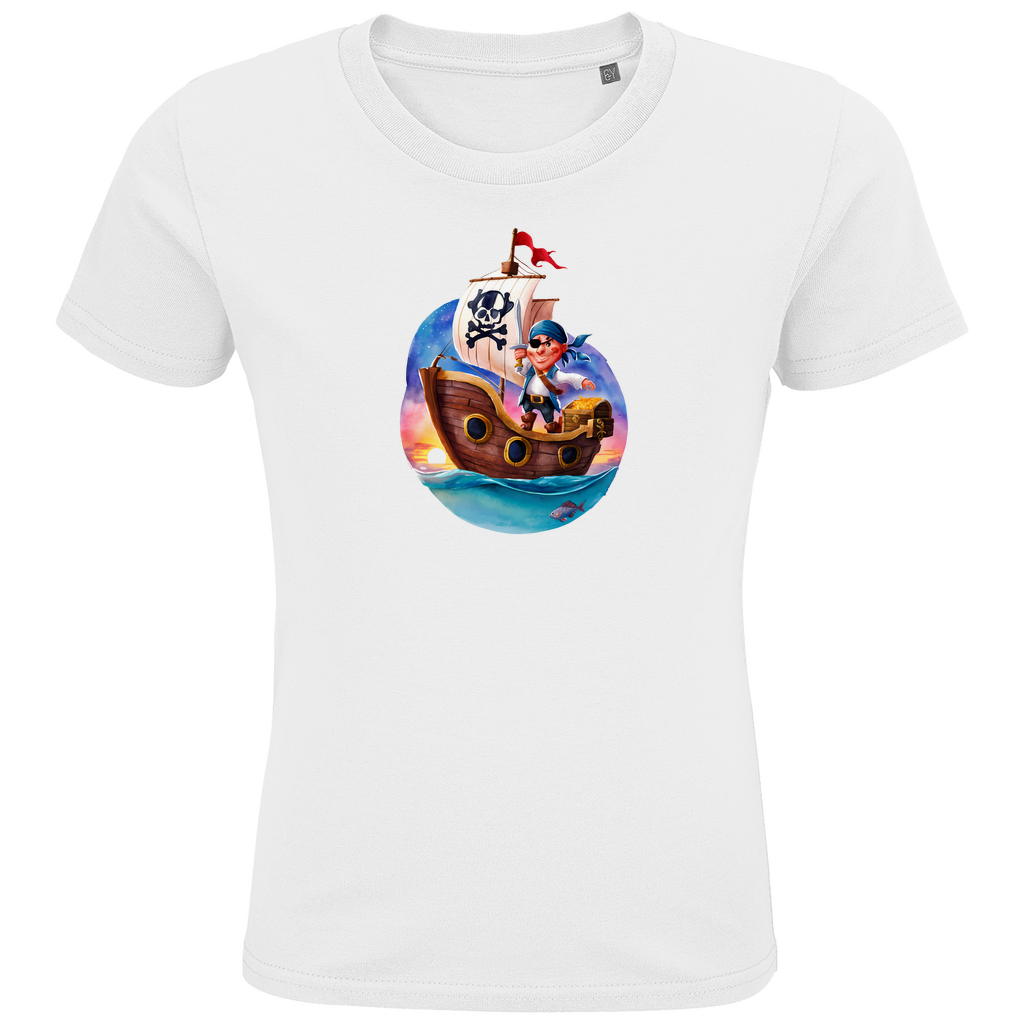 Kinder T-Shirt "Little Pirate" für Jungen mit Piraten Motiv in Weiß: Kleiner Pirat auf Segelschiff mit Schatztruhe im Sonnenuntergang