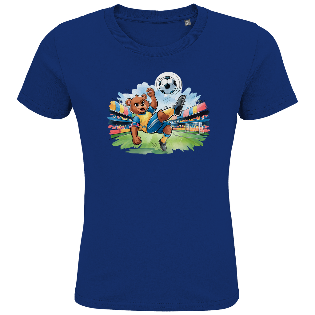 Kinder T-Shirt "Soccer Bear" für Jungen in Blau mit Fußball Motiv bei Torschuss im Stadion