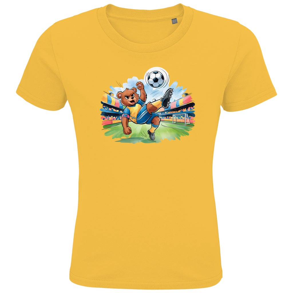 Kinder T-Shirt "Soccer Bear" für Jungen in Gelb mit Fußball Motiv bei Torschuss im Stadion