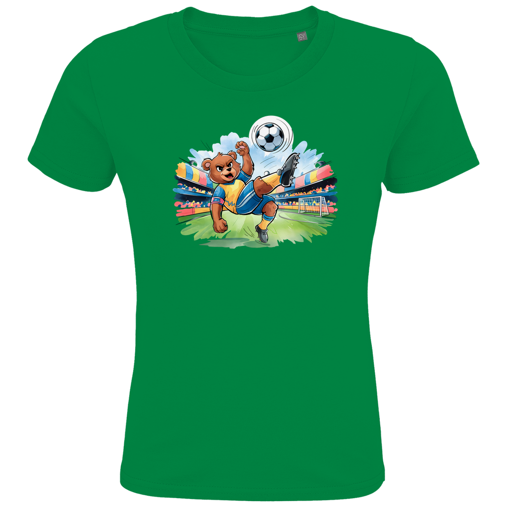 Kinder T-Shirt "Soccer Bear" für Jungen in Grün mit Fußball Motiv bei Torschuss im Stadion