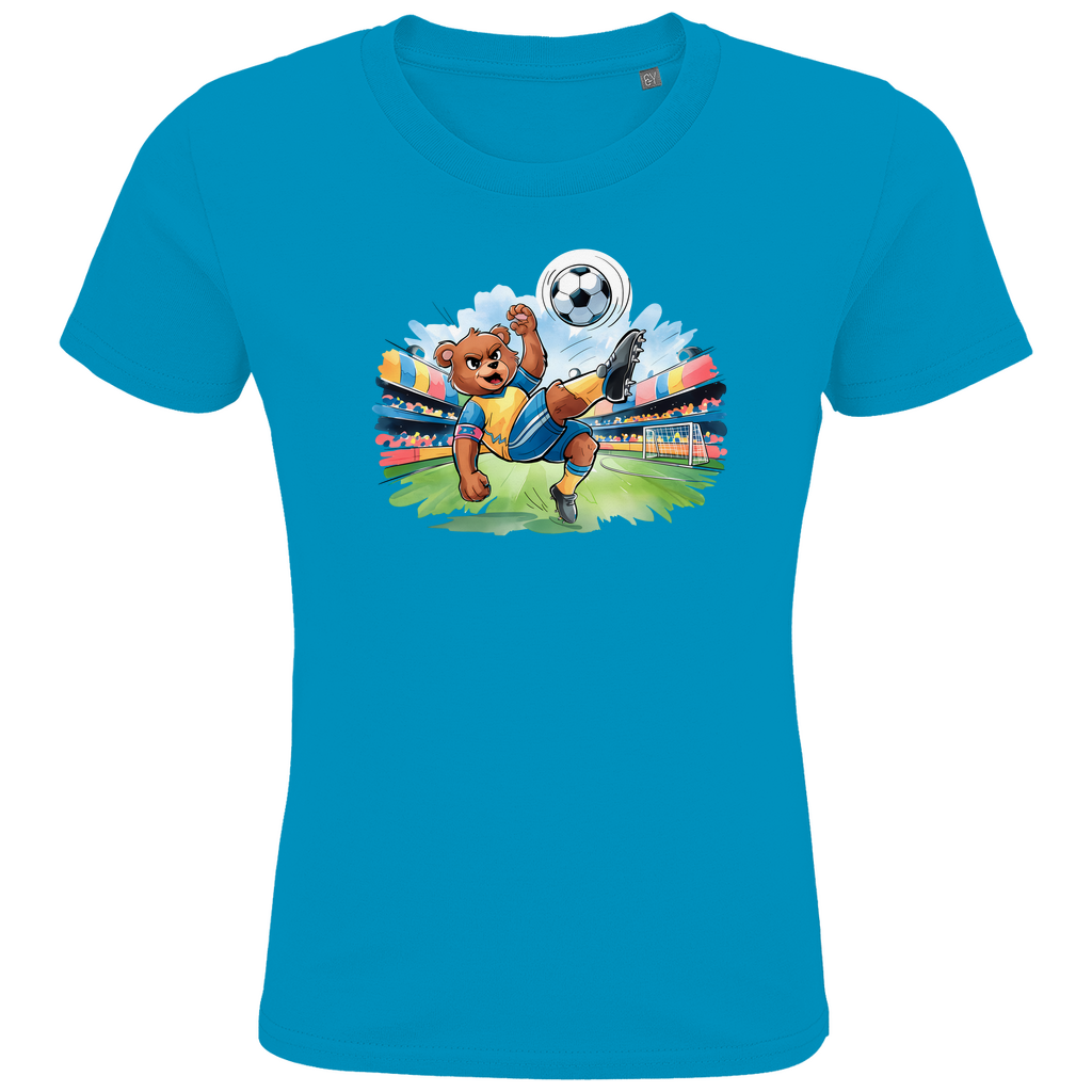 Kinder T-Shirt "Soccer Bear" für Jungen in Hellblau mit Fußball Motiv bei Torschuss im Stadion