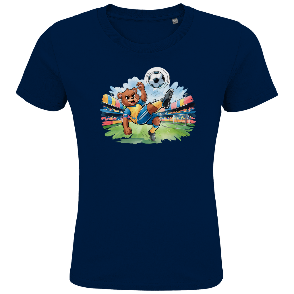 Kinder T-Shirt "Soccer Bear" für Jungen in Navy Blau mit Fußball Motiv bei Torschuss im Stadion