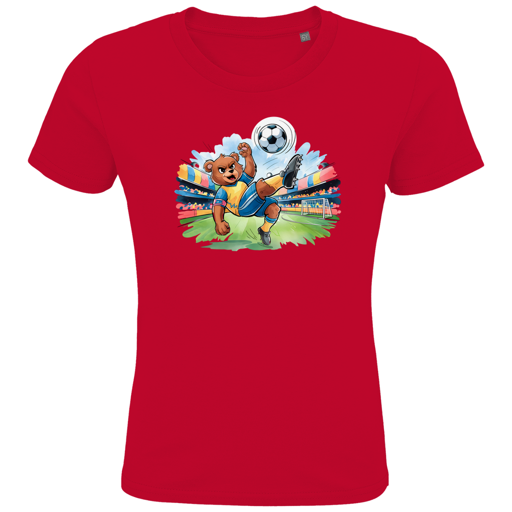 Kinder T-Shirt "Soccer Bear" für Jungen in Rot mit Fußball Motiv bei Torschuss im Stadion
