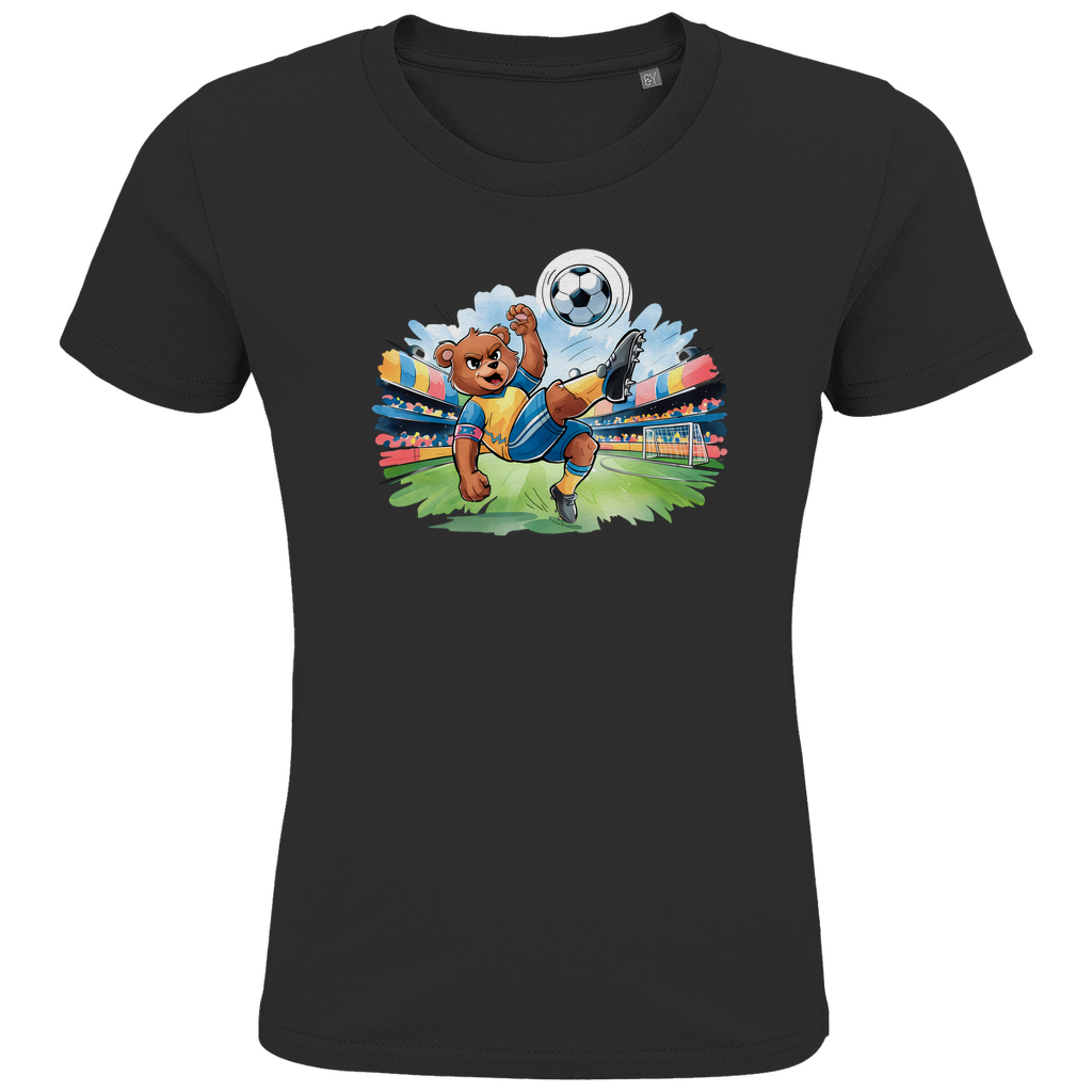 Kinder T-Shirt "Soccer Bear" für Jungen in Schwarz mit Fußball Motiv bei Torschuss im Stadion