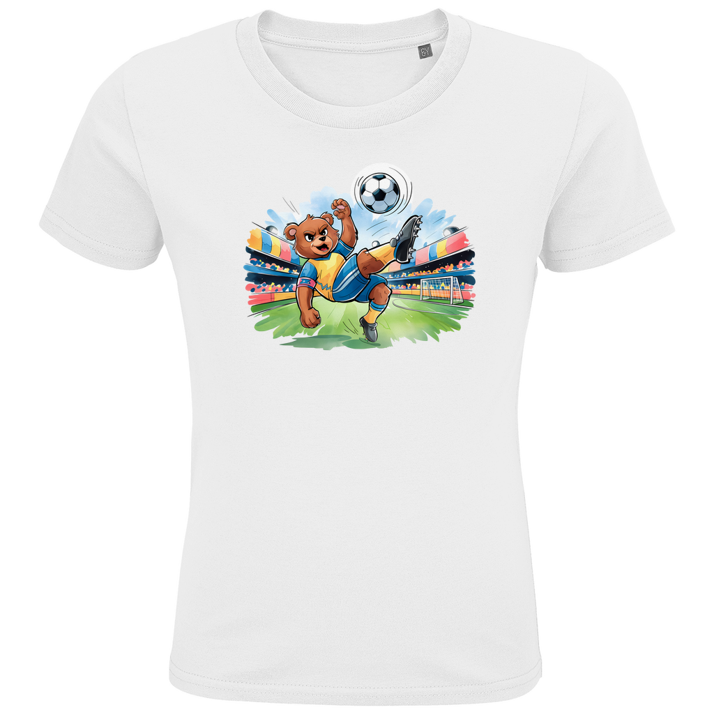 Kinder T-Shirt "Soccer Bear" für Jungen in Weiß mit Fußball Motiv bei Torschuss im Stadion