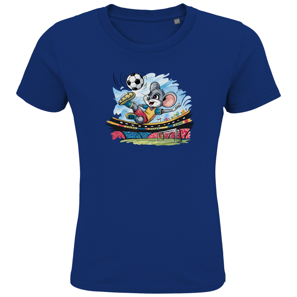 Kinder T-Shirt "Soccer Mouse" für Jungen mit Fußball Motiv in Blau: Sportliche Maus beim Fallrückzieher im Fußballstadion
