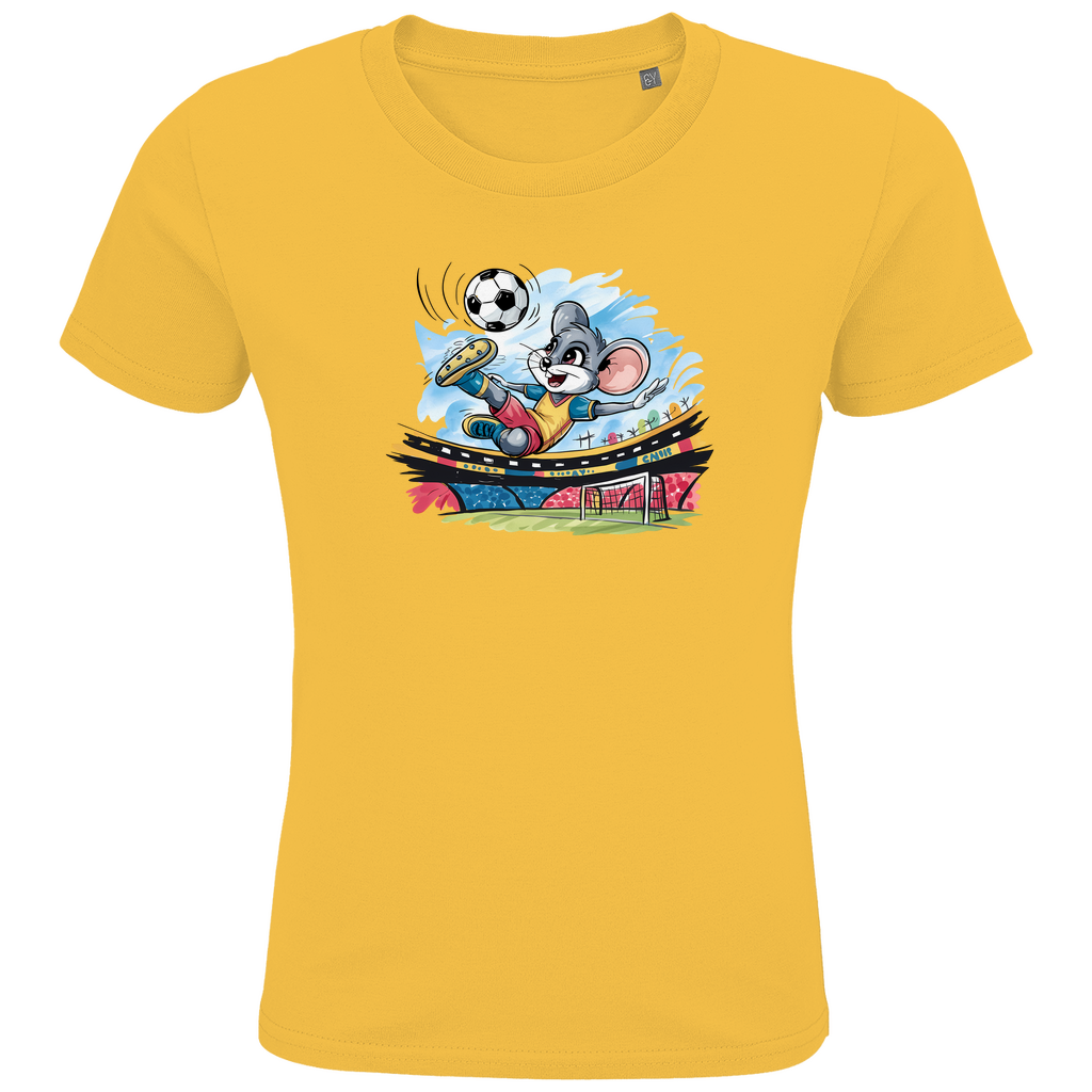 Kinder T-Shirt "Soccer Mouse" für Jungen mit Fußball Motiv in Gelb: Sportliche Maus beim Fallrückzieher im Fußballstadion