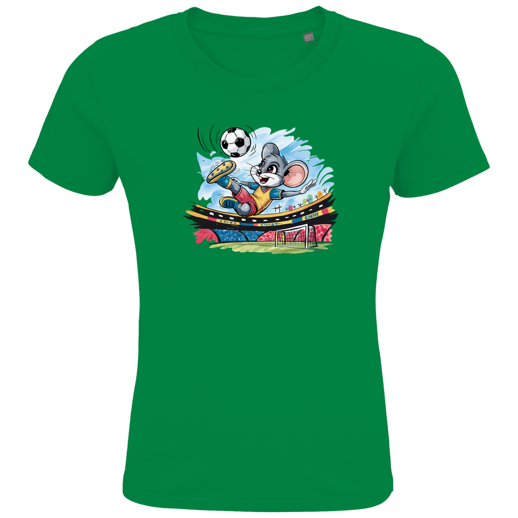 Kinder T-Shirt "Soccer Mouse" für Jungen mit Fußball Motiv in Grün: Sportliche Maus beim Fallrückzieher im Fußballstadion