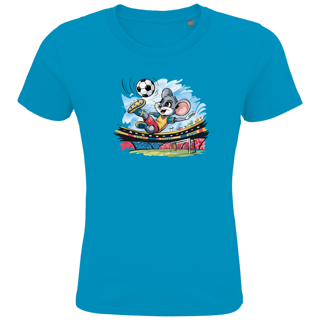 Kinder T-Shirt "Soccer Mouse" für Jungen mit Fußball Motiv in hell Blau: Sportliche Maus beim Fallrückzieher im Fußballstadion