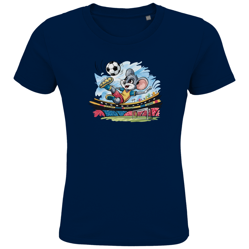 Kinder T-Shirt "Soccer Mouse" für Jungen mit Fußball Motiv in Navy Blau: Sportliche Maus beim Fallrückzieher im Fußballstadion