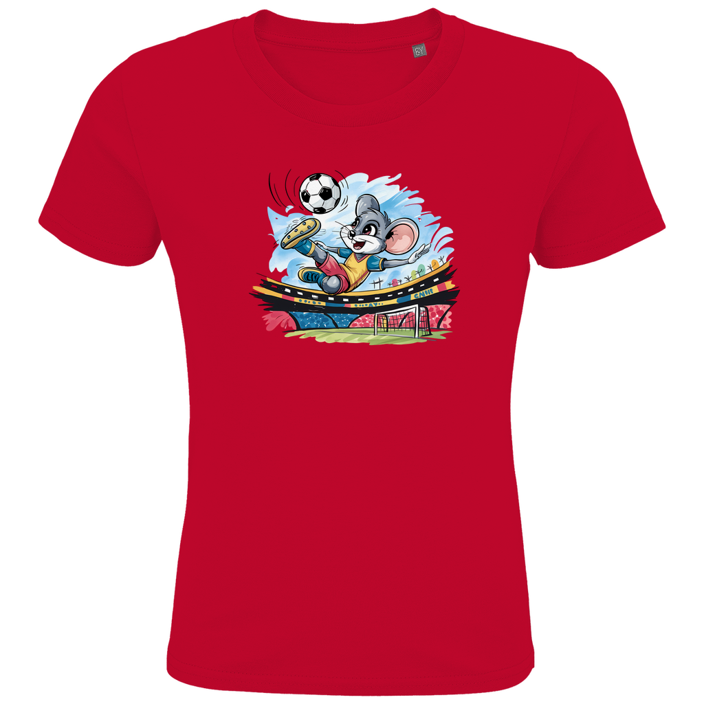 Kinder T-Shirt "Soccer Mouse" für Jungen mit Fußball Motiv in Rot: Sportliche Maus beim Fallrückzieher im Fußballstadion