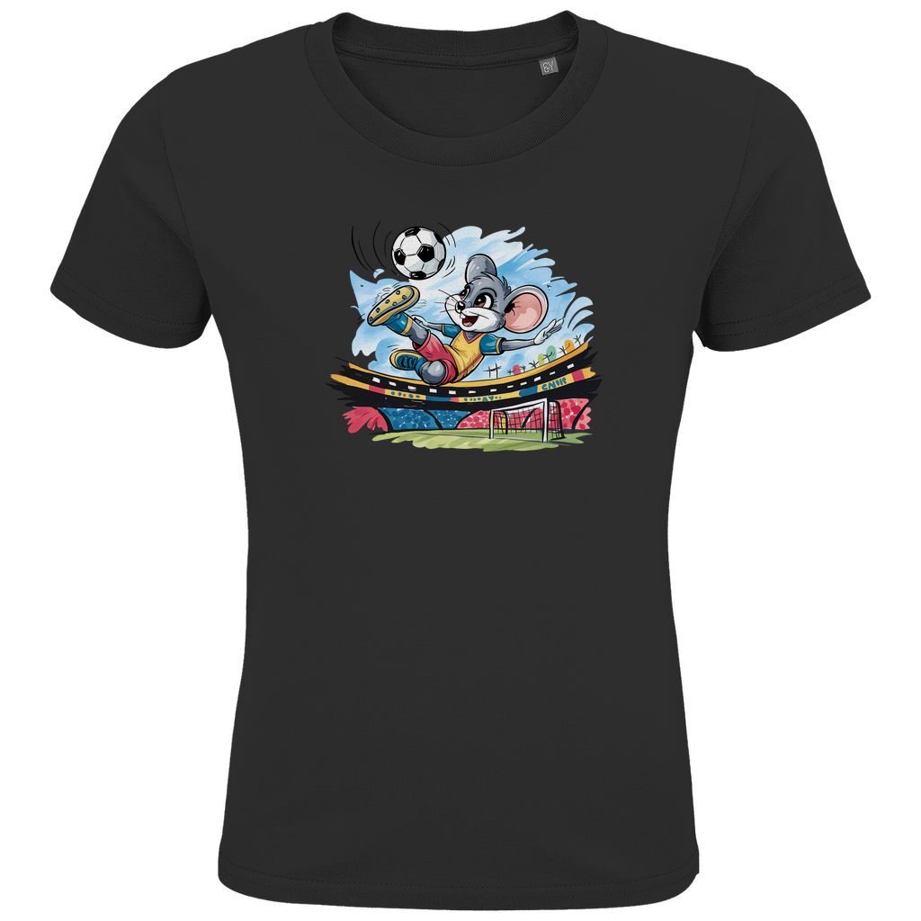 Kinder T-Shirt "Soccer Mouse" für Jungen mit Fußball Motiv in Schwarz: Sportliche Maus beim Fallrückzieher im Fußballstadion