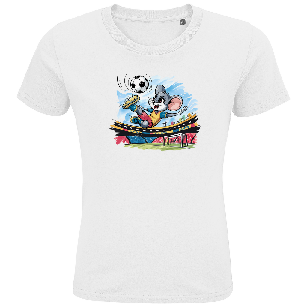Kinder T-Shirt "Soccer Mouse" für Jungen mit Fußball Motiv in Weiß: Sportliche Maus beim Fallrückzieher im Fußballstadion