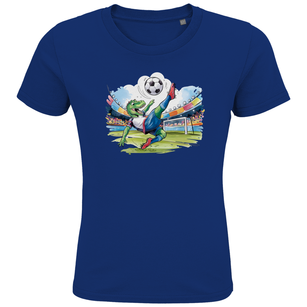 Kinder T-Shirt "Soccer Rex" für Jungen mit Fußball Motiv in Blau: Sportlicher T-Rex beim Fallrückzieher im Fußballstadion
