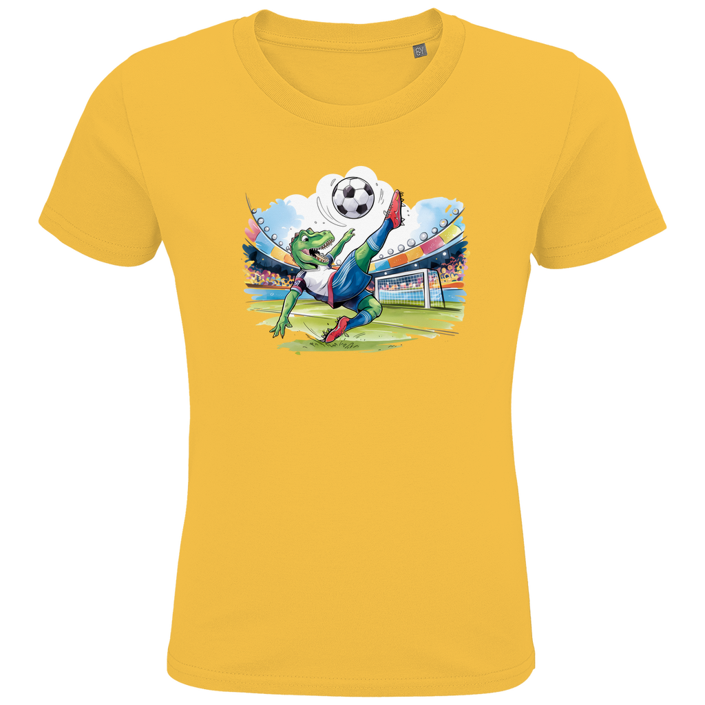 Kinder T-Shirt "Soccer Rex" für Jungen mit Fußball Motiv in Gelb: Sportlicher T-Rex beim Fallrückzieher im Fußballstadion