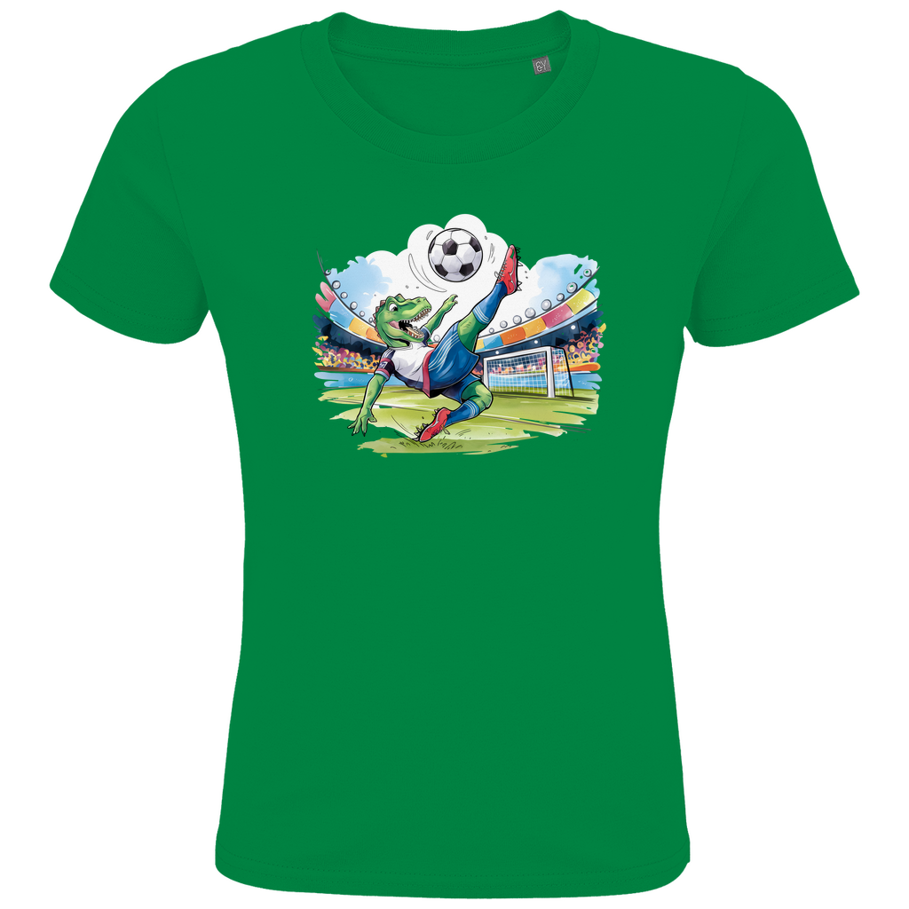 Kinder T-Shirt "Soccer Rex" für Jungen mit Fußball Motiv in Grün: Sportlicher T-Rex beim Fallrückzieher im Fußballstadion