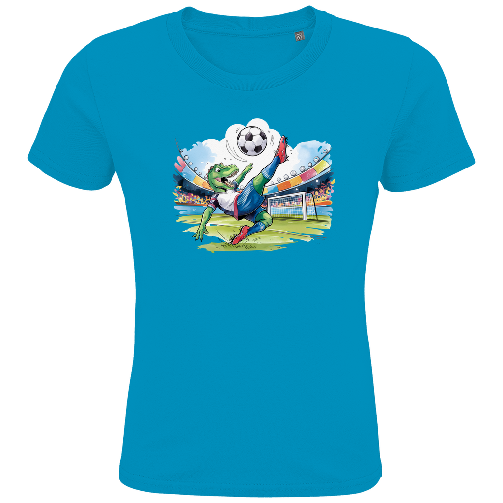 Kinder T-Shirt "Soccer Rex" für Jungen mit Fußball Motiv in Hellblau: Sportlicher T-Rex beim Fallrückzieher im Fußballstadion
