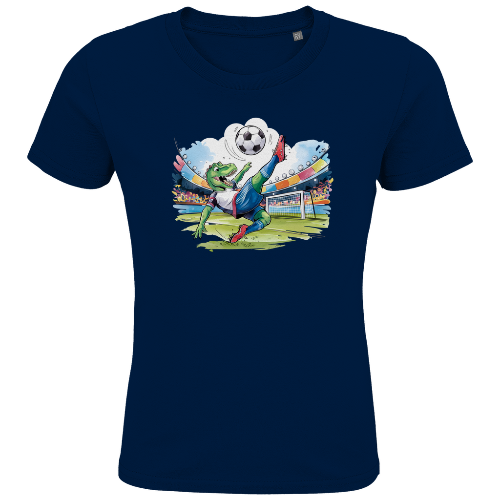 Kinder T-Shirt "Soccer Rex" für Jungen mit Fußball Motiv in Navy Blau: Sportlicher T-Rex beim Fallrückzieher im Fußballstadion